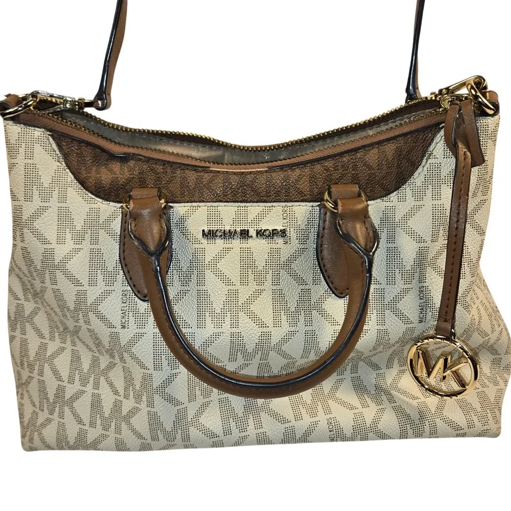 Michael Kors Monogram Satchel Crossbody Bag Brown Cream 35F1C8AS1B